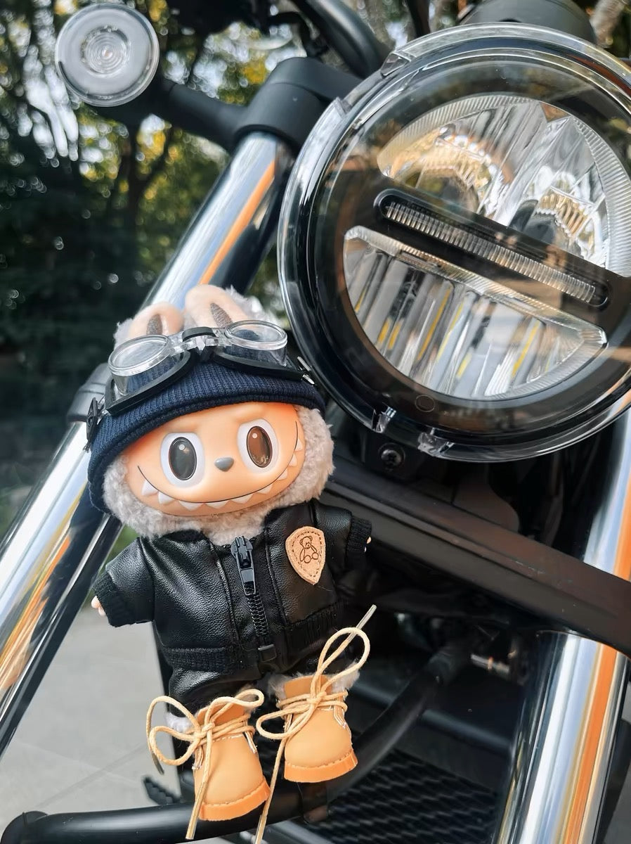 Handmade Labubu Motorbike Rider Outfit Set – Leather Jacket, Goggles, Beanie & Boots – Cool Custom Doll Accessories