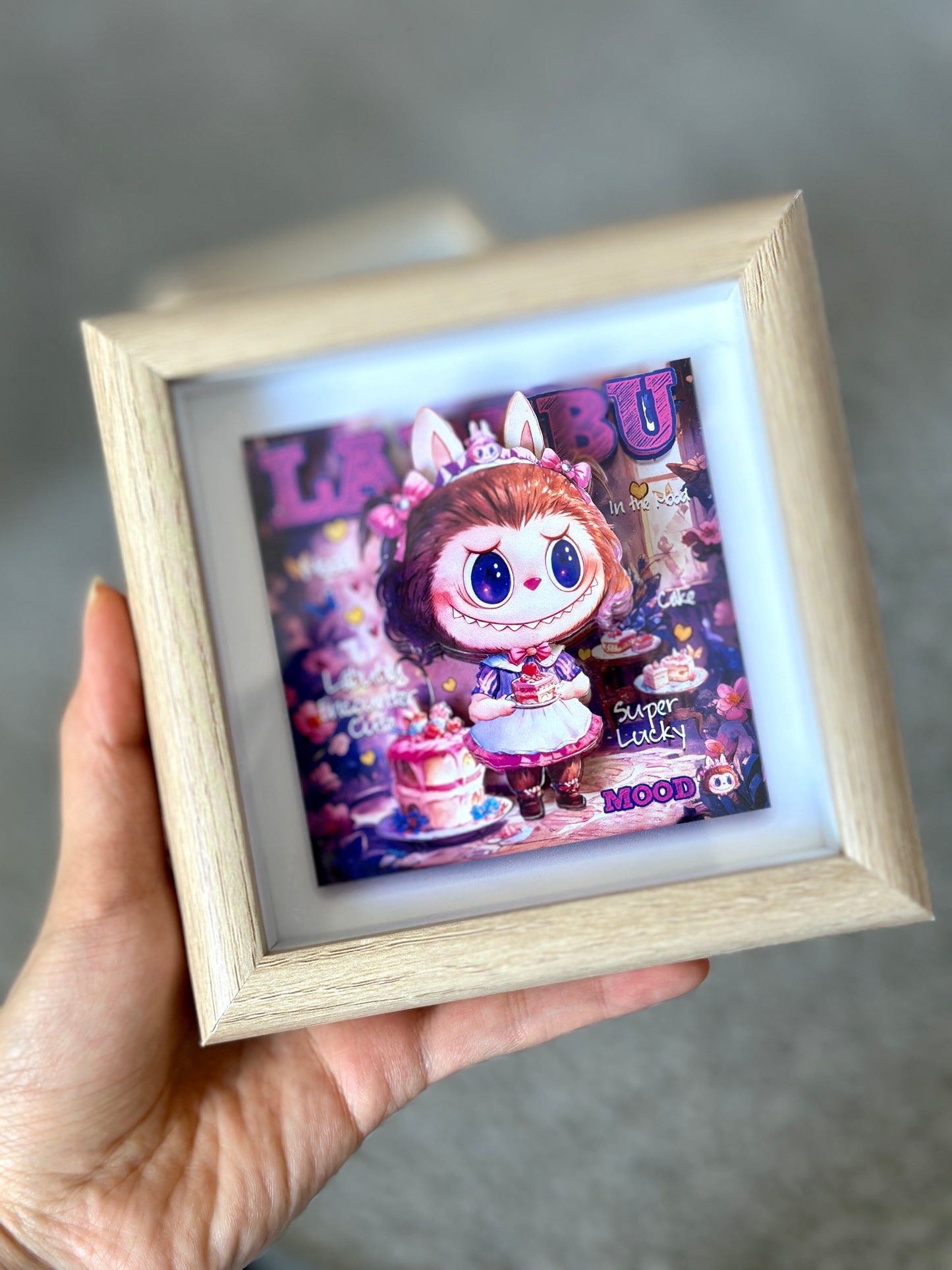 Labubu Maid Cafe Shadow Box | Handmade 3D Framed Art | Pink Purple Cafe Decor for Labubu Fans | Cute Gift