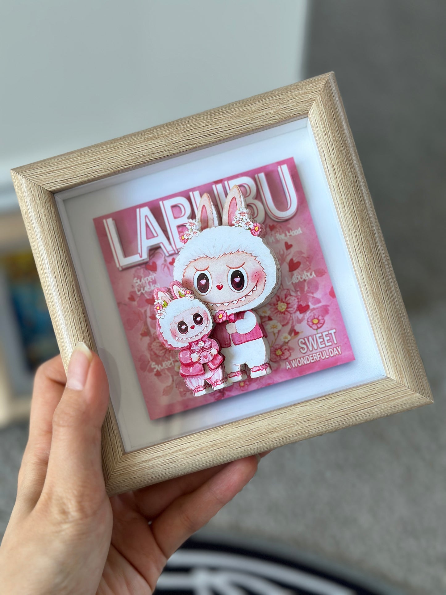 Pink Mokoko Handmade Shadow Box Art | Perfect Valentine's Day Gift | Labubu Lovers, Heart & Floral Theme | Cute Lovey-Dovey Decor