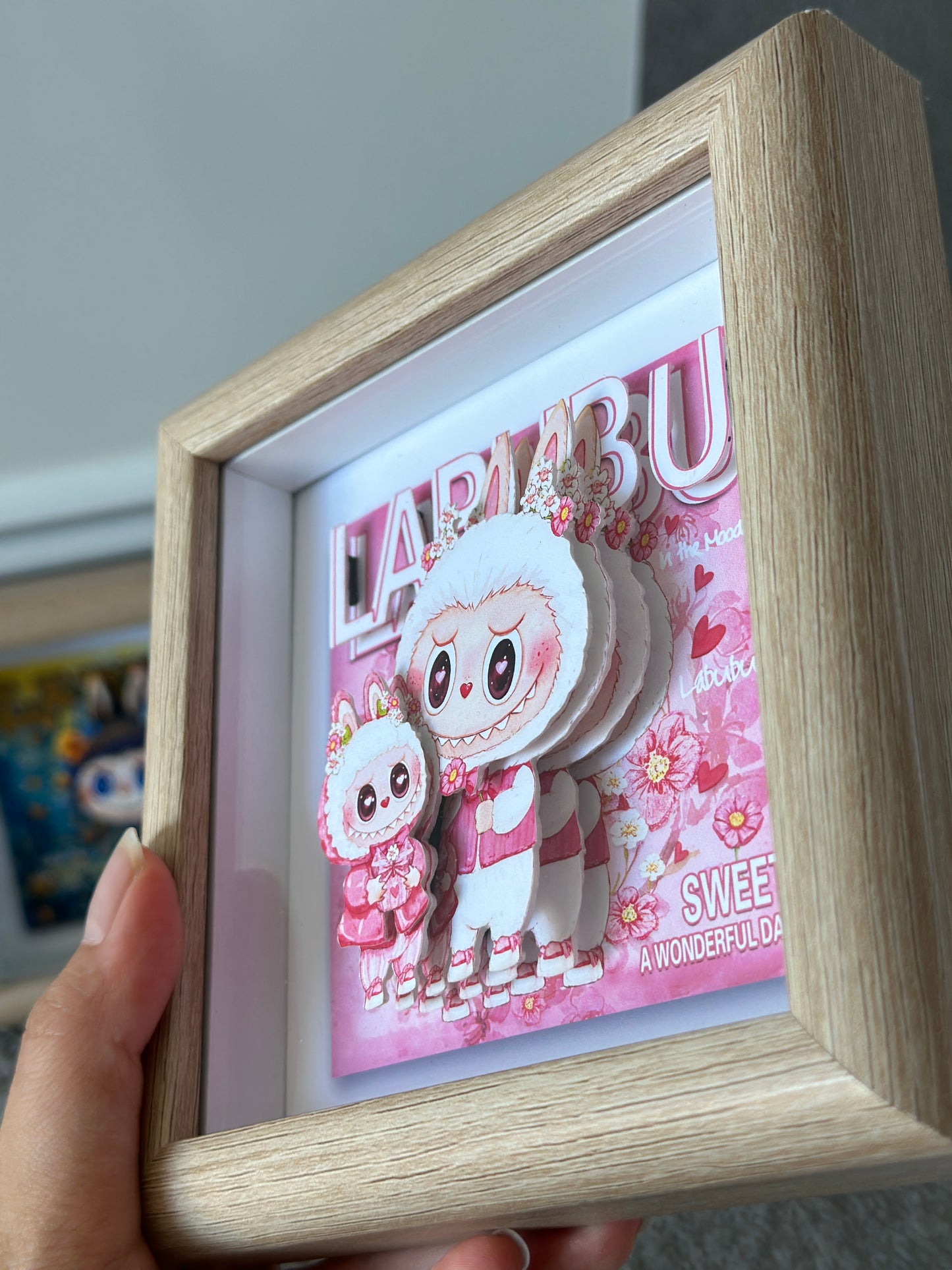 Pink Mokoko Handmade Shadow Box Art | Perfect Valentine's Day Gift | Labubu Lovers, Heart & Floral Theme | Cute Lovey-Dovey Decor