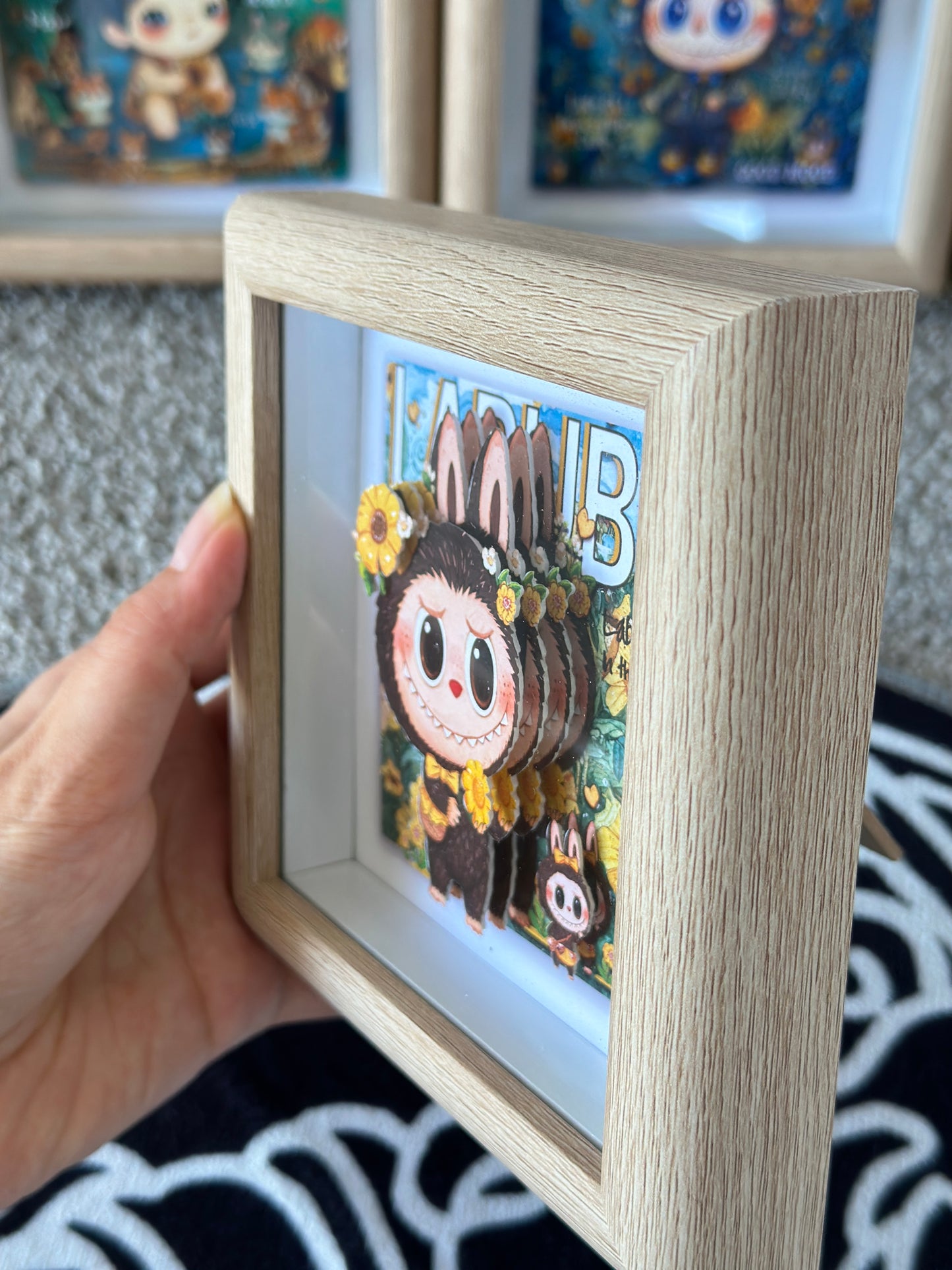 Labubu Sunflower Shadow Box Art | Handmade Inspired Paper-Cut Frame | Cute Spring-Themed Decoration