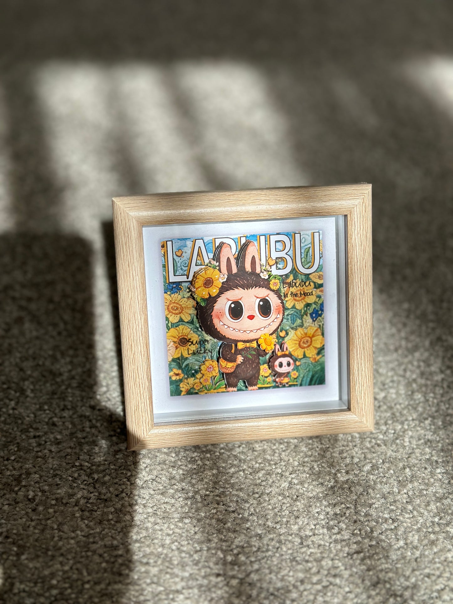 Labubu Sunflower Shadow Box Art | Handmade Inspired Paper-Cut Frame | Cute Spring-Themed Decoration