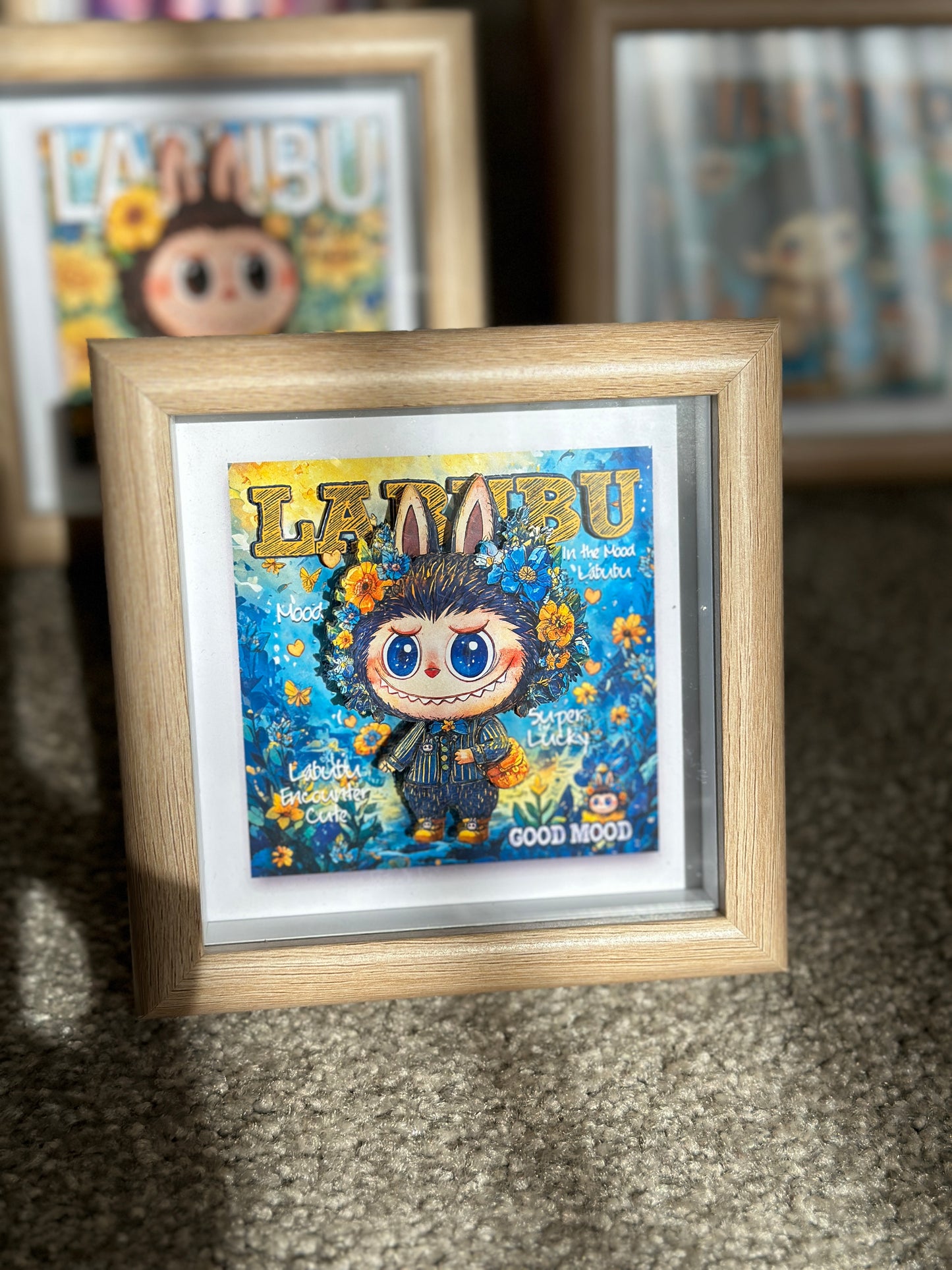 Handmade Labubu in Floral Suit 3D Shadow Box | Handmade Framed Art | Starry Night Theme | Perfect Gift | Handmade Inspired Paper-Cut Frame | Cute Spring-Themed Decoration