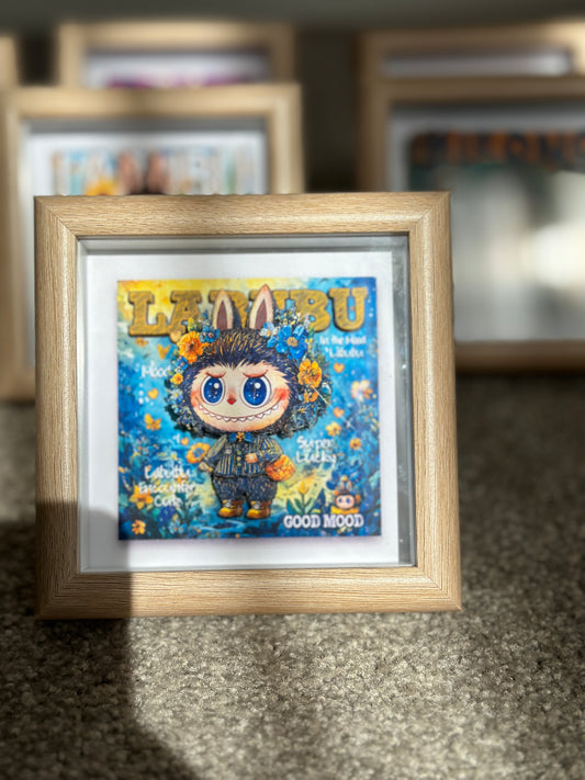 Handmade Labubu in Floral Suit 3D Shadow Box | Handmade Framed Art | Starry Night Theme | Perfect Gift | Handmade Inspired Paper-Cut Frame | Cute Spring-Themed Decoration