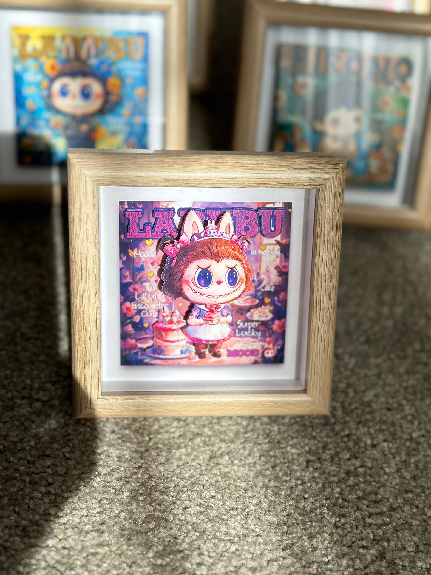 Labubu Maid Cafe Shadow Box | Handmade 3D Framed Art | Pink Purple Cafe Decor for Labubu Fans | Cute Gift