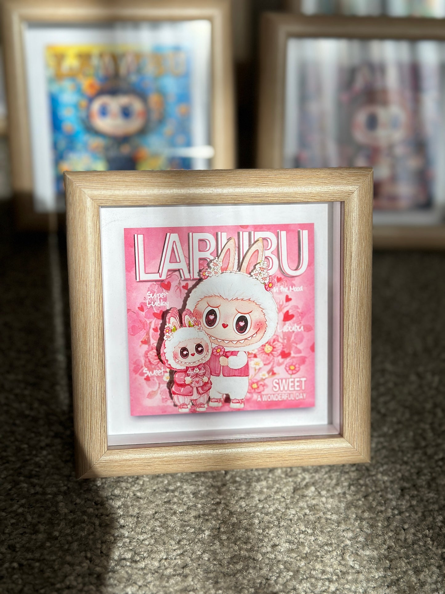 Pink Mokoko Handmade Shadow Box Art | Perfect Valentine's Day Gift | Labubu Lovers, Heart & Floral Theme | Cute Lovey-Dovey Decor