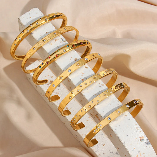 18K Gold Noth Stars Cuff Bangles Waterproof Bracelets