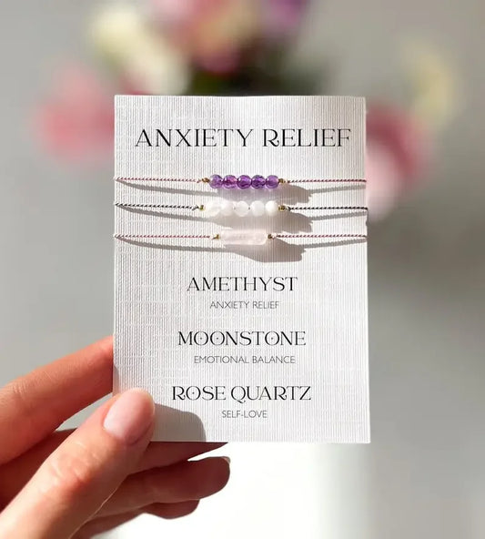 Anxiety Relief Bracelet Set: Amethyst, Moonstone, and Rose Quartz