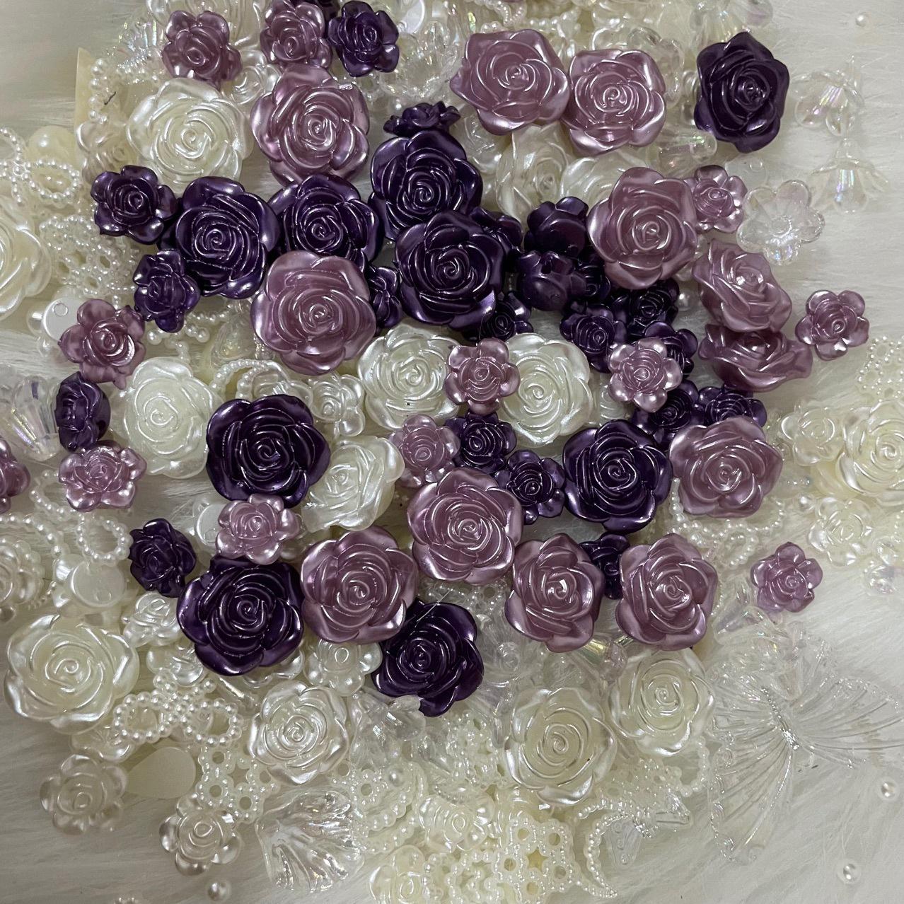 Elegant Purple Floral Theme Mixed Decoden Resin Charms| DIY flat-back handcraft supplies Cabochons Rose Petal Pearls Resin Flowers Kawaii