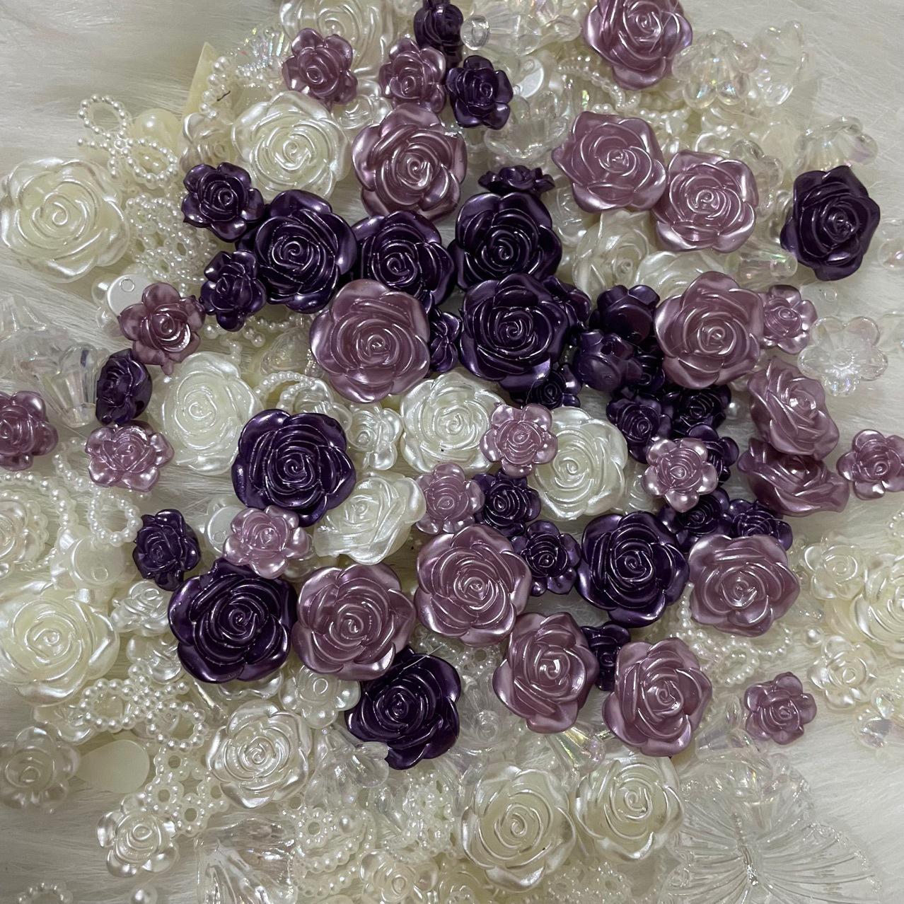 Elegant Purple Floral Theme Mixed Decoden Resin Charms| DIY flat-back handcraft supplies Cabochons Rose Petal Pearls Resin Flowers Kawaii