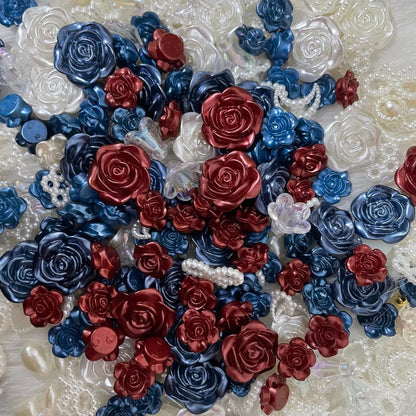 Navy Blue and Red Mixed Decoden Resin Charms| DIY Handcrafts Supplies|Rose Petal Pearls Resin Flowers|Retro Style| Mixed Cabochon Kawaii