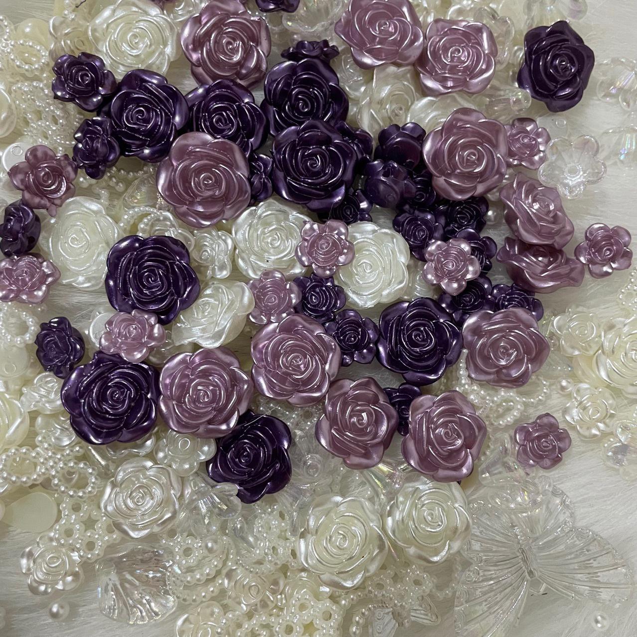 Elegant Purple Floral Theme Mixed Decoden Resin Charms| DIY flat-back handcraft supplies Cabochons Rose Petal Pearls Resin Flowers Kawaii