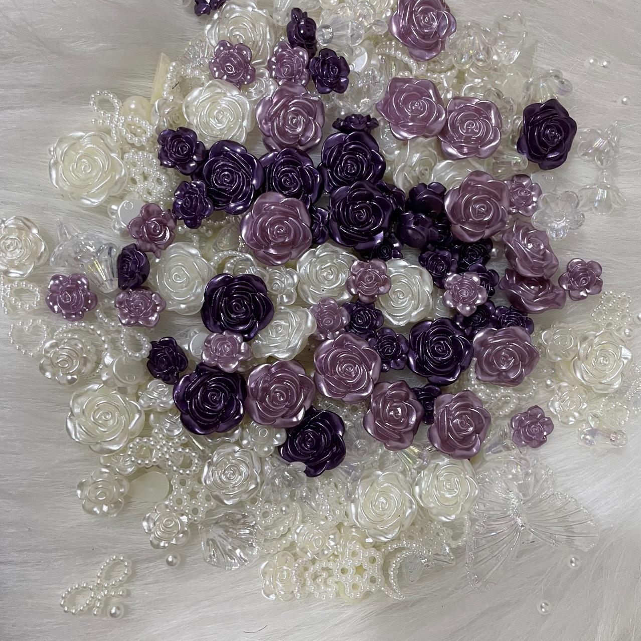 Elegant Purple Floral Theme Mixed Decoden Resin Charms| DIY flat-back handcraft supplies Cabochons Rose Petal Pearls Resin Flowers Kawaii