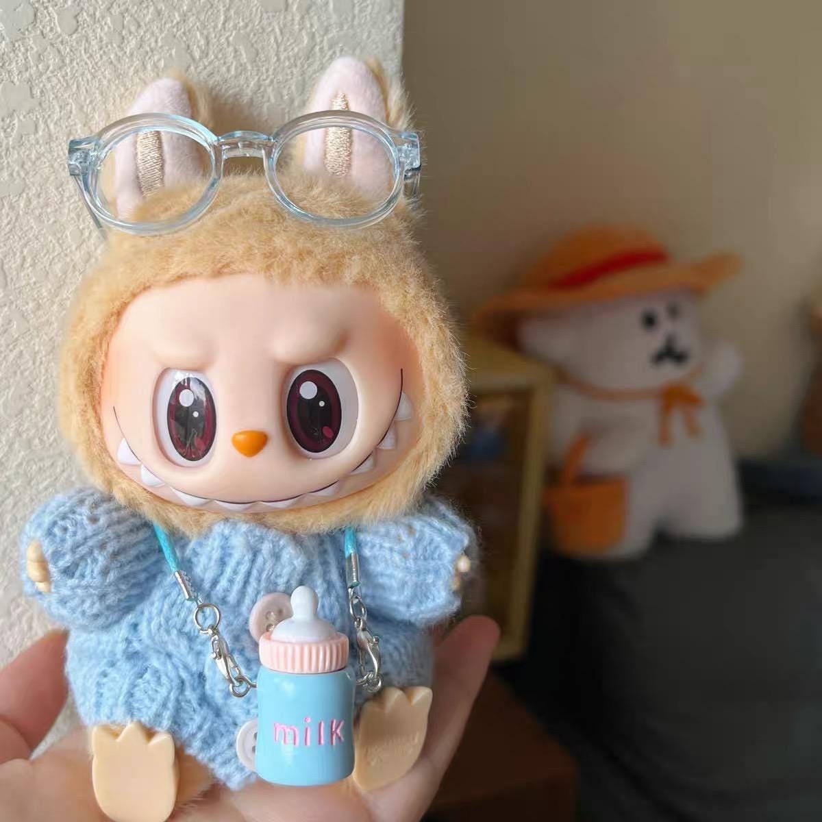 Handmade Knit "Royal Charm Labubu" Outfit - Blue Knit Cardigan with Blue Glasses + Baby Bottle |Knitted 'Have A Seat' Labubu Outfits