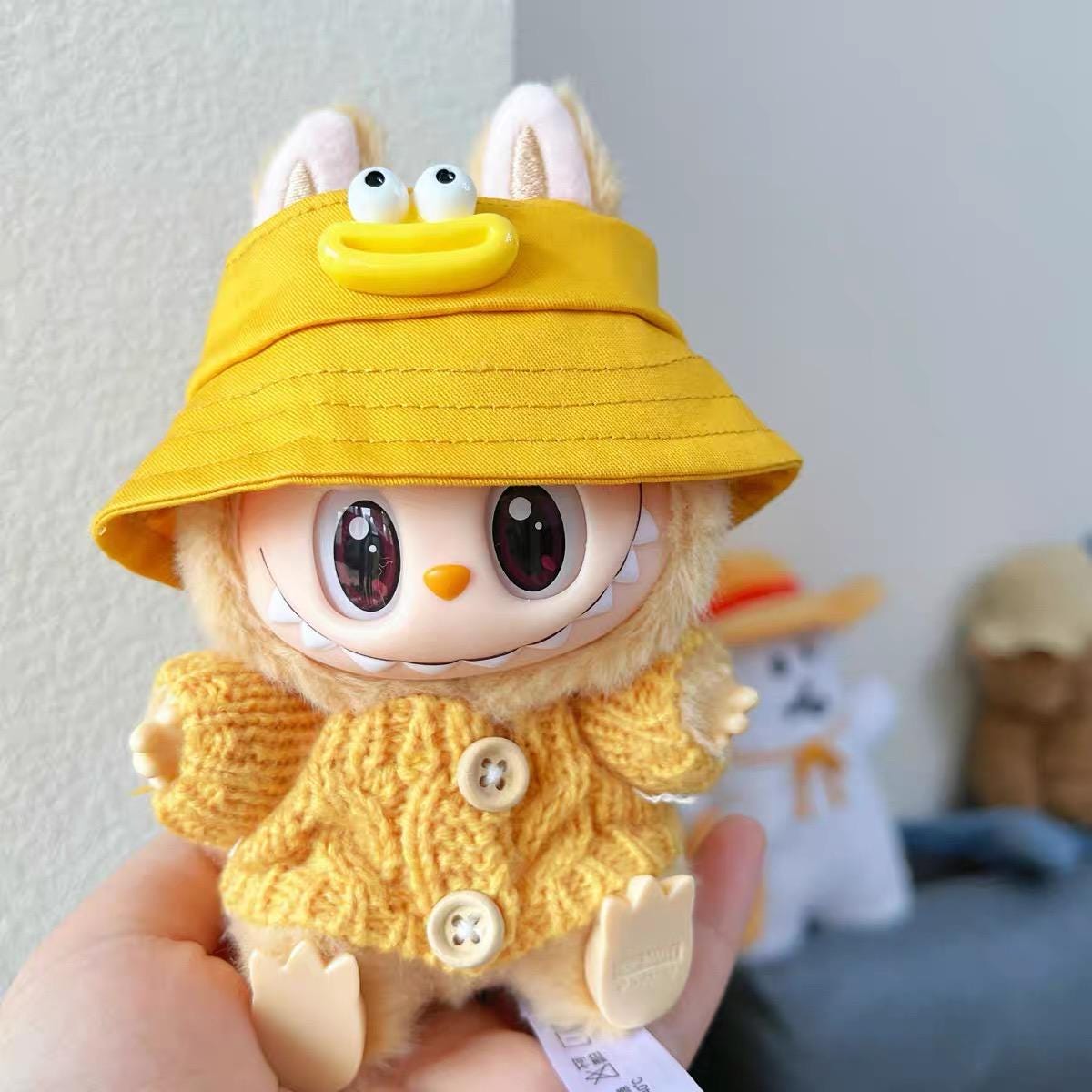 Handmade Knit "Sunny Smiles Labubu" Outfit - Yellow Knit Cardigan with Adorable Smiley Face Bucket Hat | Knit 'Have A Seat' Labubu Clothes