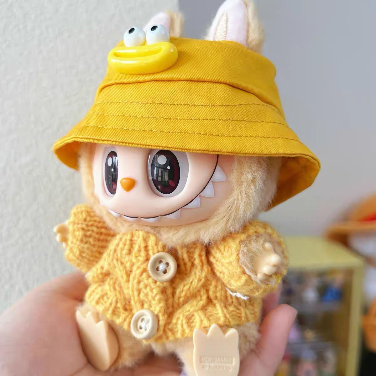 Handmade Knit "Sunny Smiles Labubu" Outfit - Yellow Knit Cardigan with Adorable Smiley Face Bucket Hat | Knit 'Have A Seat' Labubu Clothes