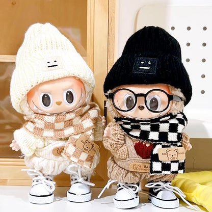 Handmade Knit Urban Winter Labubu Outfit - Cool Earth Tones | Brown Knit Sweater Black Beanie&Brown Overalls | Kawaii Gift for Labubu Lovers