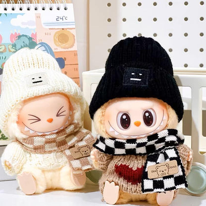 Handmade Knit Urban Winter Labubu Outfit - Cool Earth Tones | Brown Knit Sweater Black Beanie&Brown Overalls | Kawaii Gift for Labubu Lovers