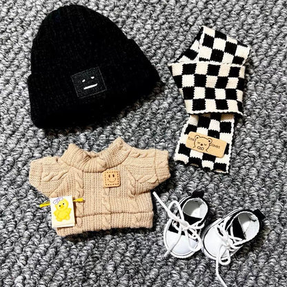 Handmade Knit Urban Winter Labubu Outfit - Cool Earth Tones | Brown Knit Sweater Black Beanie&Brown Overalls | Kawaii Gift for Labubu Lovers