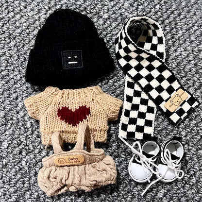 Handmade Knit Urban Winter Labubu Outfit - Cool Earth Tones | Brown Knit Sweater Black Beanie&Brown Overalls | Kawaii Gift for Labubu Lovers