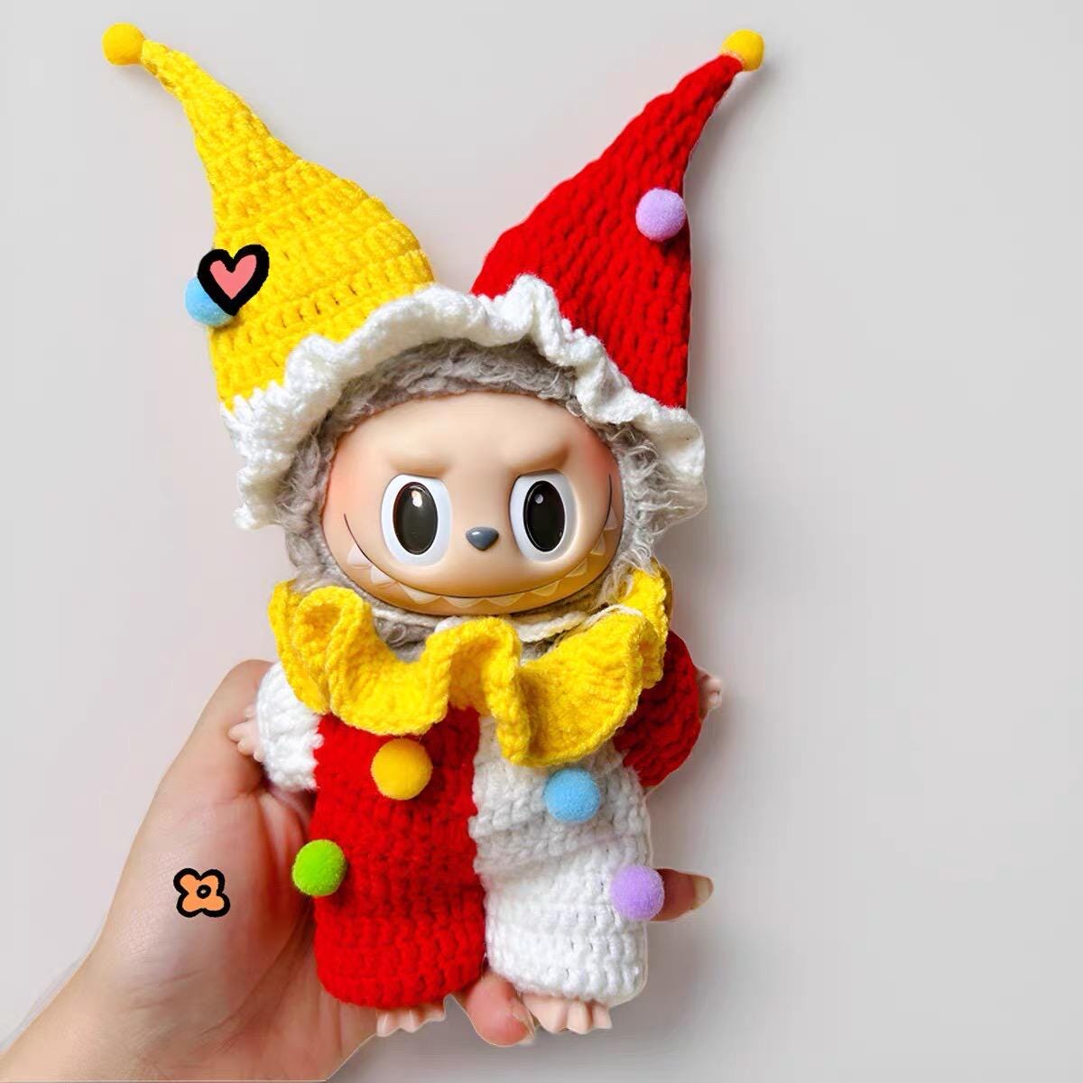 Handmade Crochet Clown Labubu Outfit | Playful Red & Yellow Jester Costume for Labubu Dolls | Perfect Kawaii Gift for Labubu Fans