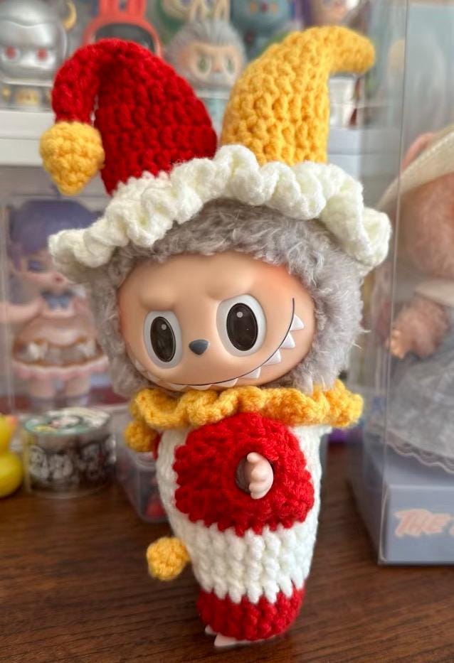 Handmade Crochet Clown Labubu Outfit | Playful Red & Yellow Jester Costume for Labubu Dolls | Perfect Kawaii Gift for Labubu Fans