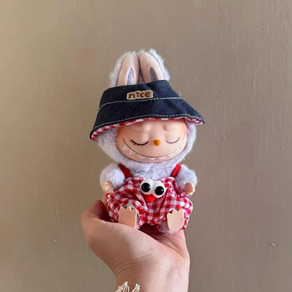 Handmade Red Checkered Overalls and Denim Bucket Hat Outfit for 17cm Dolls – Unique Labubu Clothes, Perfect Gift for Doll Collectors