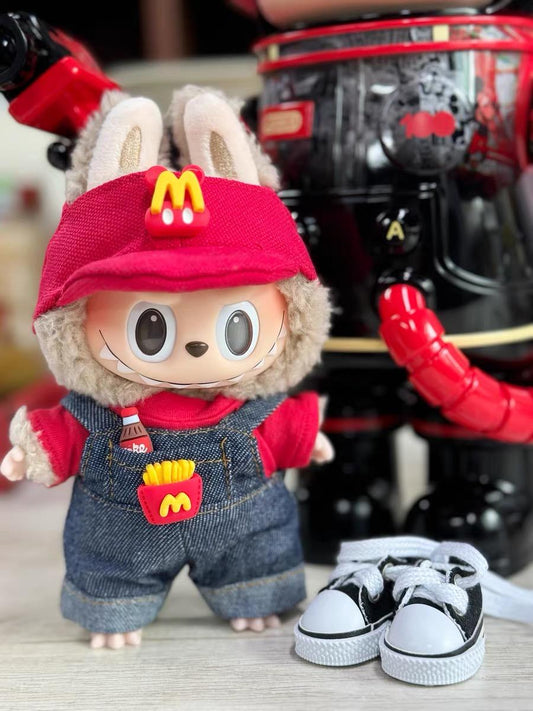 Handmade Crochet McDonald's Crew Member Labubu Outfit with McDonald's Hat | Dressmaking Designed for Macaron & Have A Seat Labubu Dolls