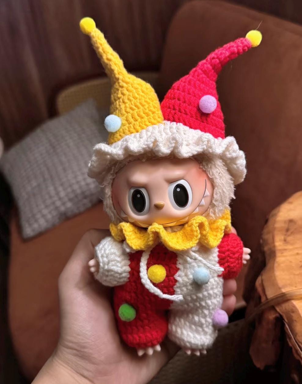 Handmade Crochet Clown Labubu Outfit | Playful Red & Yellow Jester Costume for Labubu Dolls | Perfect Kawaii Gift for Labubu Fans