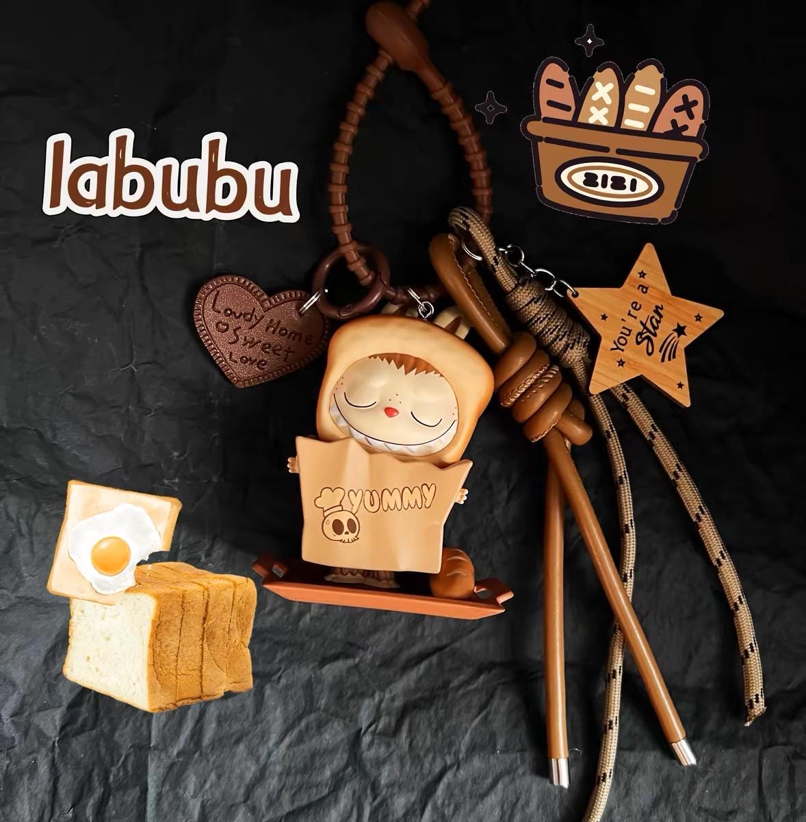 Handmade Bread-Themed Keychain | Designed Labubu Bag Charm with Custom Charms | Unique, Quirky Handmade Accessory | Cute & Functional Gift