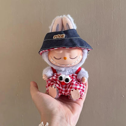 Handmade Red Checkered Overalls and Denim Bucket Hat Outfit for 17cm Dolls – Unique Labubu Clothes, Perfect Gift for Doll Collectors