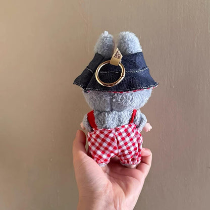 Handmade Red Checkered Overalls and Denim Bucket Hat Outfit for 17cm Dolls – Unique Labubu Clothes, Perfect Gift for Doll Collectors