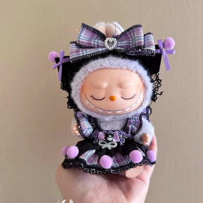 Handmade Kuromi-Inspired Labubu Outfit Gothic Plaid Dress & Bow Set Fits Macaron Labubu Have a Seat Labubu Keychain | Kawaii Labubu Outfit