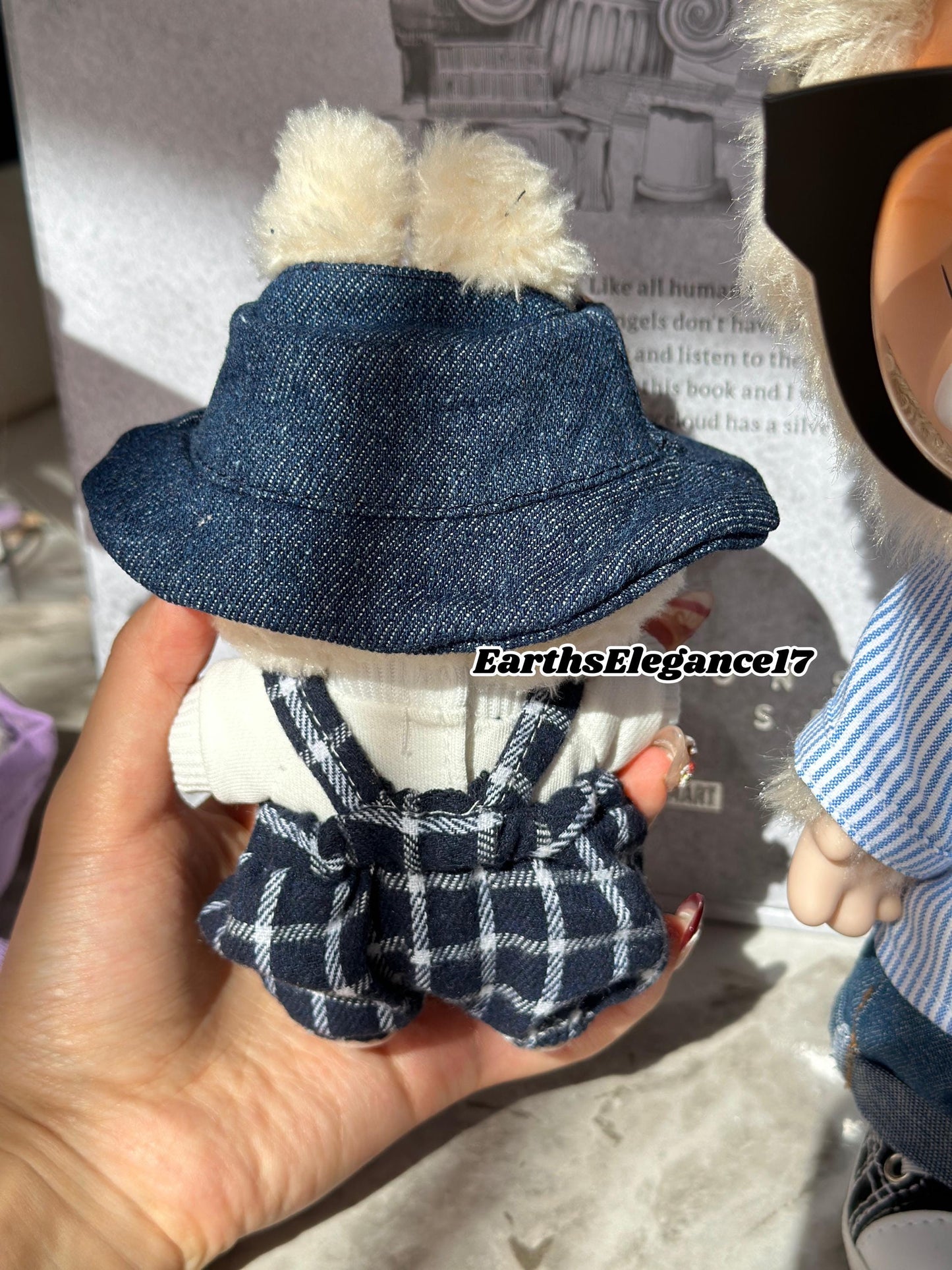 Handmade Labubu 3-Piece Outfit | Checkered Overalls, White Tee & Bucket Hat | Fits Have A Seat Series|Labubu Clothes| Labubu Outfits Gift