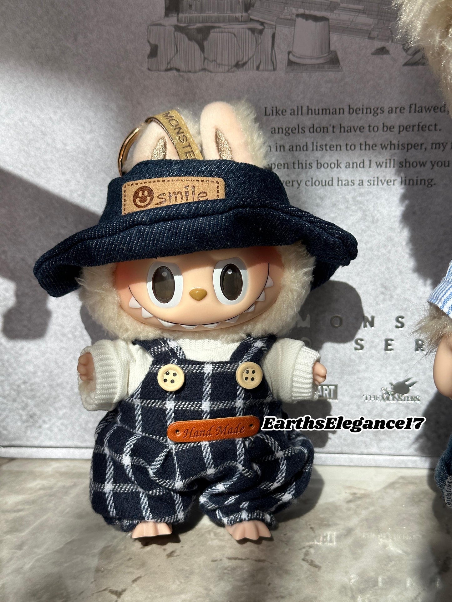 Handmade Labubu 3-Piece Outfit | Checkered Overalls, White Tee & Bucket Hat | Fits Have A Seat Series|Labubu Clothes| Labubu Outfits Gift