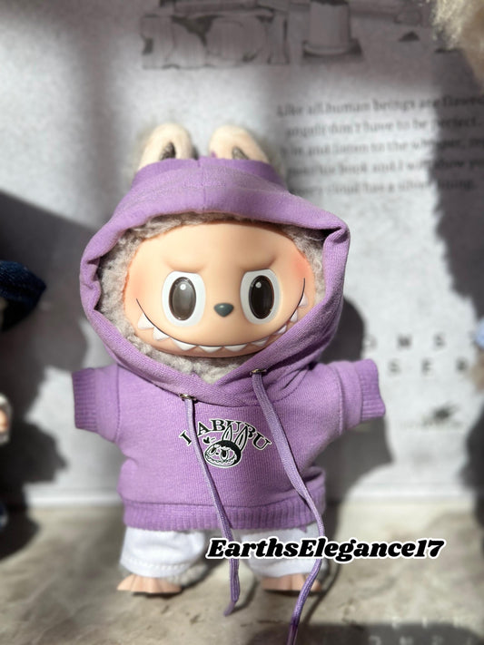 Handmade Purple Labubu Hoodie Set |Doll Clothes with Smiling Labubu Print & White Pants | Labubu Macaron Series Outfit| Labubu Hoodie Outfit