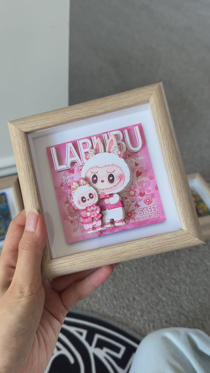 Pink Mokoko Handmade Shadow Box Art | Perfect Valentine's Day Gift | Labubu Lovers, Heart & Floral Theme | Cute Lovey-Dovey Decor